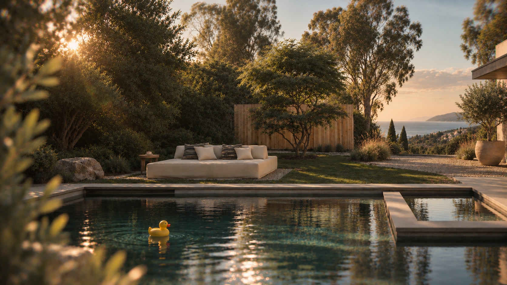 Sunset over a cinematic garden pool overlooking the coast